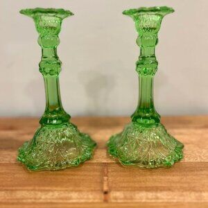 Green Depression Glass Candlesticks – 17 cm – Pressed Glass Pair